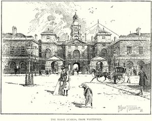 De Horse Guards, vanaf Whitehall (gravure) door English School