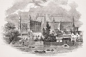 De huizen van het parlement vanaf de rivier in de tijd van John Hampden, uit 