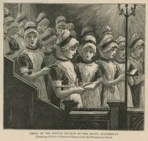 De Hugenoten in Engeland: Koor van de Franse Kerk van de Savoye, Bloomsbury door English School