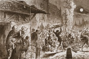 De Beeldenstormers in Bazel verbranden beelden en afgoden, illustratie uit De Geschiedenis van het Protestantisme door James Aitken Wylie, gepubliceerd in 1878 door English School
