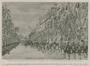 Het Imperial Institute: Hare Majesteit passeert Queens Gate op weg naar de openingsceremonie, met een escorte van Lijfwachten en de Indiase en Koloniale troepen door English School