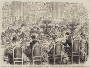 De keizerlijke tafel bij het banket gegeven door de stad Parijs ter gelegenheid van de doop van de keizerlijke prins (gravure) door English School