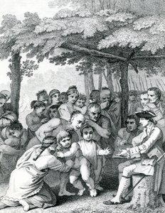 De Indianen die de Engelse gevangenen overhandigen aan kolonel Bouquet nabij zijn kamp bij de vorken van Muskingham in Noord-Amerika, gegraveerd door Canot, 1764 door English School