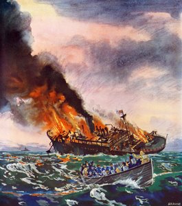 De Jervis Bay, gezonken 5 november 1940 (kleurenlitho) door English School