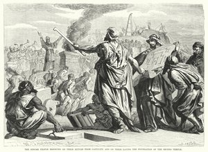 Het Joodse volk viert hun terugkeer uit ballingschap en het leggen van de fundamenten van de Tweede Tempel (gravure) door English School