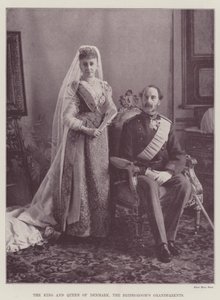 De koning en koningin van Denemarken, de grootouders van de bruidegom (gravure) door English School