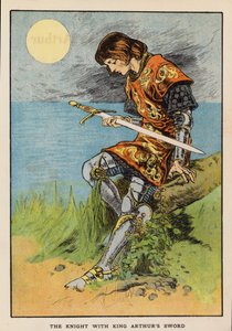De ridder met het zwaard van koning Arthur (kleurenlitho) door English School