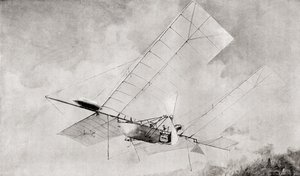 De Langley Aerodrome vliegmachine in vlucht in de 19e eeuw. Uit The Strand Magazine gepubliceerd 1897.