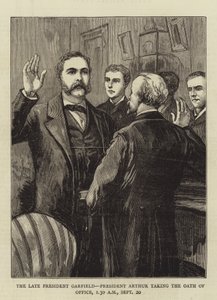 De overleden president Garfield, president Arthur legt de ambtseed af door English School