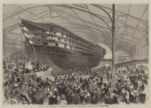 De Lancering van de Marlborough in Portsmouth op 31 juli, de Meester-scheepsbouwer overhandigt de Fles aan Hare Majesteit door English School