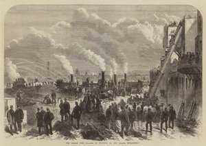 De Londense Brandweer aan het Oefenen op de Thames Embankment (gravure) door English School