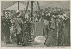 De Lord Chancellor legt de eerste steen van het nieuwe City of London Court, Guildhall