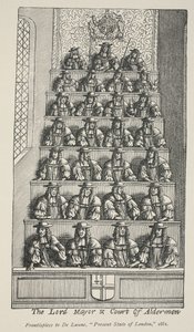 De Lord Mayor en het Hof van Schepenen, frontispice van De Launes Angliae Metropolis, 1681