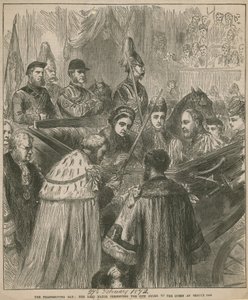 De Lord Mayor presenteert het stadzwaard aan de Koningin bij Temple Bar door English School