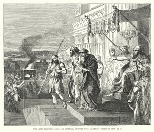 De leugenachtige profeten, Achab en Zedekia, ter executie bevolen, Jeremia XXIX, 21, 22 (gravure) door English School