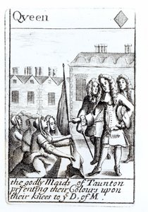De dienstmeisjes van Taunton knielen voor de hertog van Monmouth, 18 juni 1685, schoppen vrouw speelkaart uit een set ter herdenking van Monmouths opstand door English School