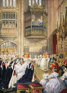 Het huwelijk in St Georges Chapel, Windsor, uit A Memorial of the Marriage of Edward VII and Alexandra of Denmark, pub. 1864 door English School