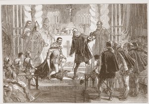 De Maarschalk van Polen eist de eed van de hertog van Anjou, illustratie uit De Geschiedenis van het Protestantisme door James Aitken Wylie, 1878