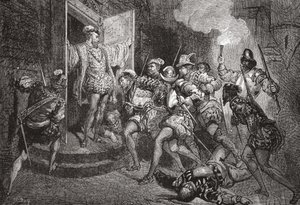 De Bloedbruiloft: aanval op de woning van Coligny, illustratie uit De Geschiedenis van het Protestantisme door James Aitken Wylie, gepubliceerd in 1878 door English School