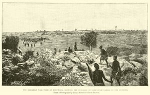De Matabele Oorlog, uitzicht op Buluwayo, met de omheining van Lobengula