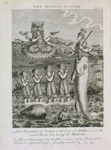 De Matsya Avatar, of de Eerste Incarnatie van Vishnu in de Vorm van een Vis om de Heilige Boeken te Herstellen die tijdens de Zondvloed Verloren zijn gegaan, gegraveerd door Barlow door English School