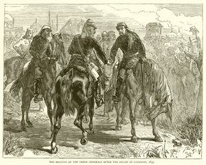 De ontmoeting van de drie generaals na de bevrijding van Lucknow, 1857 door English School