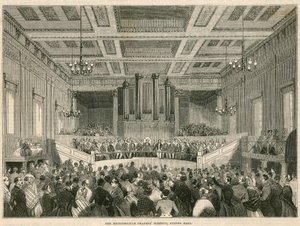 De Metropolitan Drapers bijeenkomst in Exeter Hall, Londen door English School