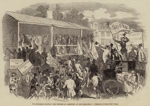 De Middlesex Verkiezing, de Hustings in Brentford bij de Nominatie op Woensdag (gravure) door English School