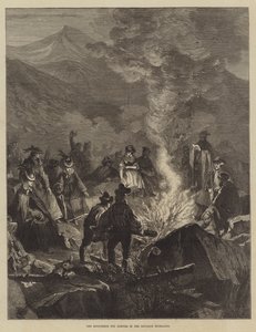 De midzomeravond vreugdevuur in de Beierse Hooglanden (gravure)