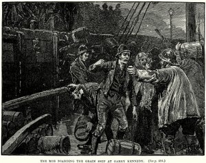 De menigte aan boord van het graanschip bij Garry Kennedy (gravure) door English School