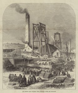 De Morley Main-kolenmijn, nabij Dewsbury, na de explosie door English School