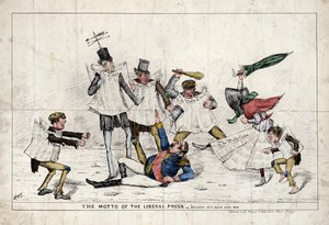 Het Motto van de Liberale Pers, toont Napoleon III aangevallen door de Britse pers