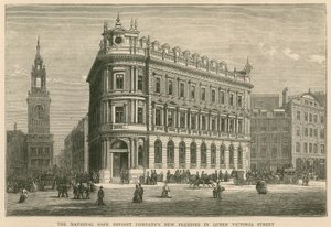 De nieuwe panden van de National Safe Deposit Company in Queen Victoria Street, Londen door English School