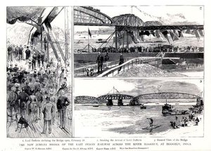 De nieuwe Jubileumbrug van de Oost-Indische Spoorweg over de rivier Hooghly, bij Hooghly, India