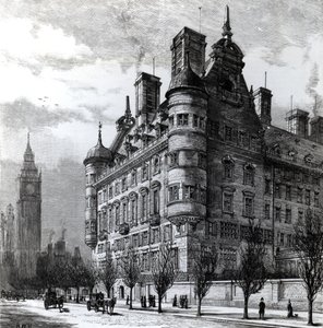 De nieuwe politiebureaus aan de Victoria Embankment, gegraveerd door H.W.B., gepubliceerd in 