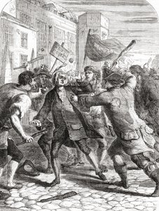 De "No-Popery" relschoppers vallen parlementsleden aan in Palace Yard, Westminster, Londen, Engeland tijdens de Gordon Riots van 1780 door English School