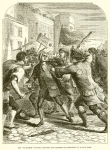 De No Popery relschoppers vallen de parlementsleden aan in Palace Yard door English School