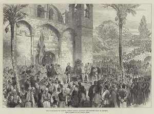 De bezetting van Cyprus, Griekse priesters zegenen de Britse vlag in Nicosia (gravure) door English School
