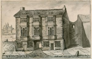 De Old Falcon Tavern aan de Bankzijde, zoals het verscheen in het jaar 1805 door English School