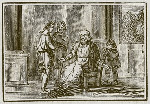 De oude man en zijn zonen (gravure) door English School
