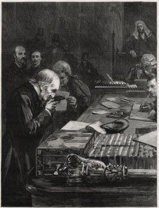 De opening van het Parlement, 31 januari 1893, Mr. William Ewart Gladstone, ondersteund door Mr. Marjoribanks en Mr. H. Gladstone, legt de eed af (illustratie voor The Graphic)