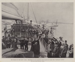De opening van het Baltische Kanaal, vertrek van Mr Gladstone vanuit Tilbury aan boord van de "Tantallon Castle" (gravure) door English School