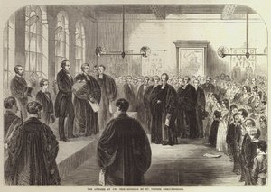 De opening van de nieuwe scholen van St Thomas Charterhouse (gravure)