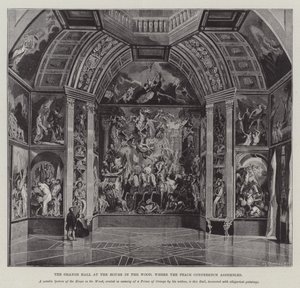 De Oranjezaal in het Huis in het Bos, waar de Vredesconferentie bijeenkomt (gravure) door English School