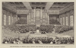 Het orkest in Exeter Hall, tijdens de bijeenkomst van de Sacred Harmonic Society door English School