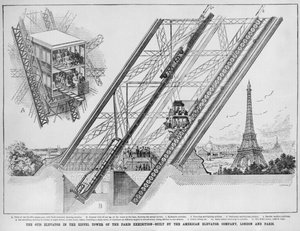 De Otis Lift in de Eiffeltoren, gebouwd door de American Elevator Company, Parijs en Londen, 1889 door English School