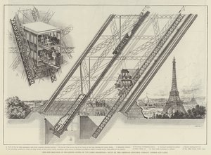 De Otis-lift in de Eiffeltoren van de Parijse tentoonstelling, gebouwd door de American Elevator Company, Londen en Parijs door English School