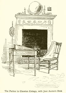 De salon in Chawton Cottage, met Jane Austens bureau