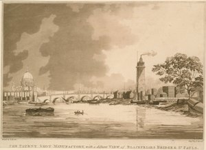 De Patent Shot Fabriek, met een verre blik op Blackfriars Bridge en St. Pauls, Londen door English School