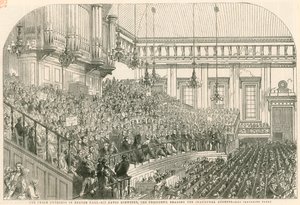 Het Vredescongres in Exeter Hall, Sir David Brewster, de voorzitter, leest de inaugurele rede door English School